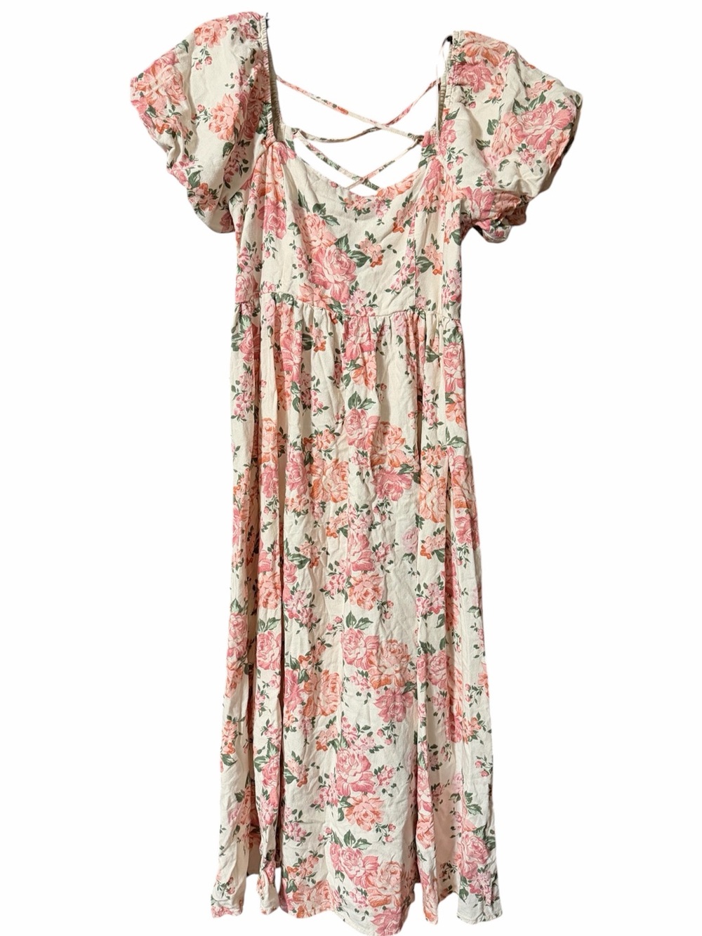 Altar'd State Floral Linen Blend Corset Lace-Up Back Puff Sleeve Midi Dress Med